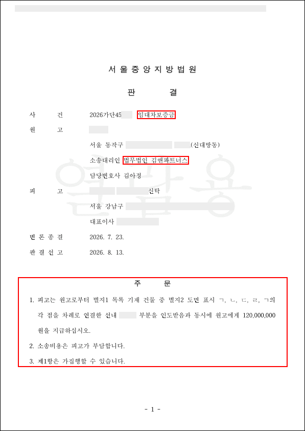 서울중앙지방법원 서울 동작구 신대방동 아파트 임대차보증금 반환 1억 2,000만 원 승소